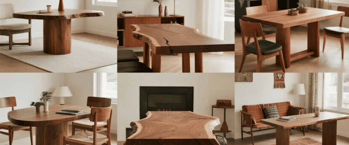 Warm, sunlit room with six solid wood dining tables featuring live edges and midcentury chairs, plants, lamps, rugs, and cozy decor.