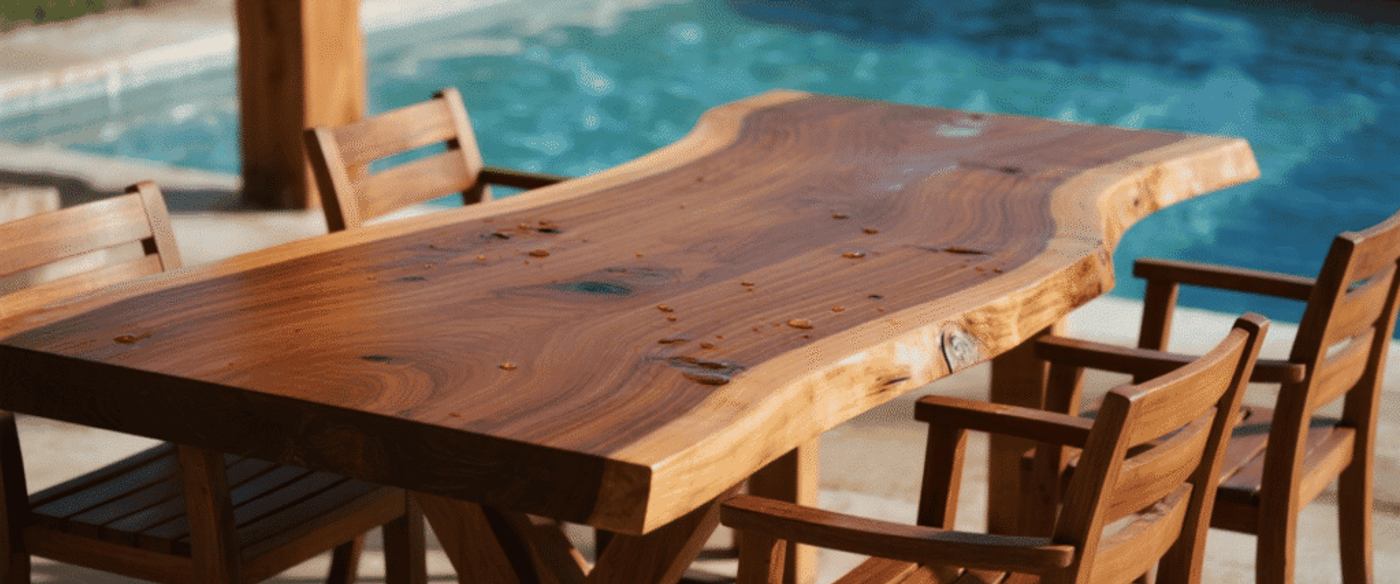 Sunlit live-edge wooden dining table with matching chairs beside a backyard pool, water droplets on the polished surface.