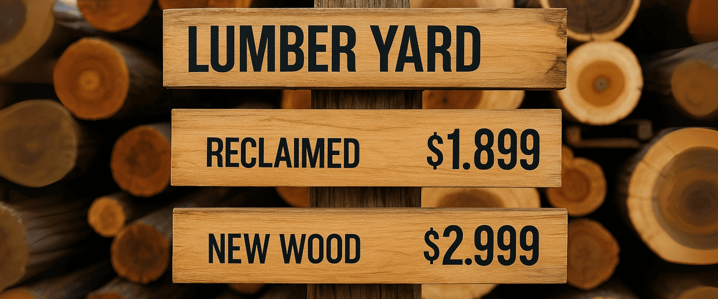 Lumber-yard-price-signs-showing-costs-for-reclaimed-wood-1.89-and-new-wood-2.99-with-stacked-logs-in-the-background