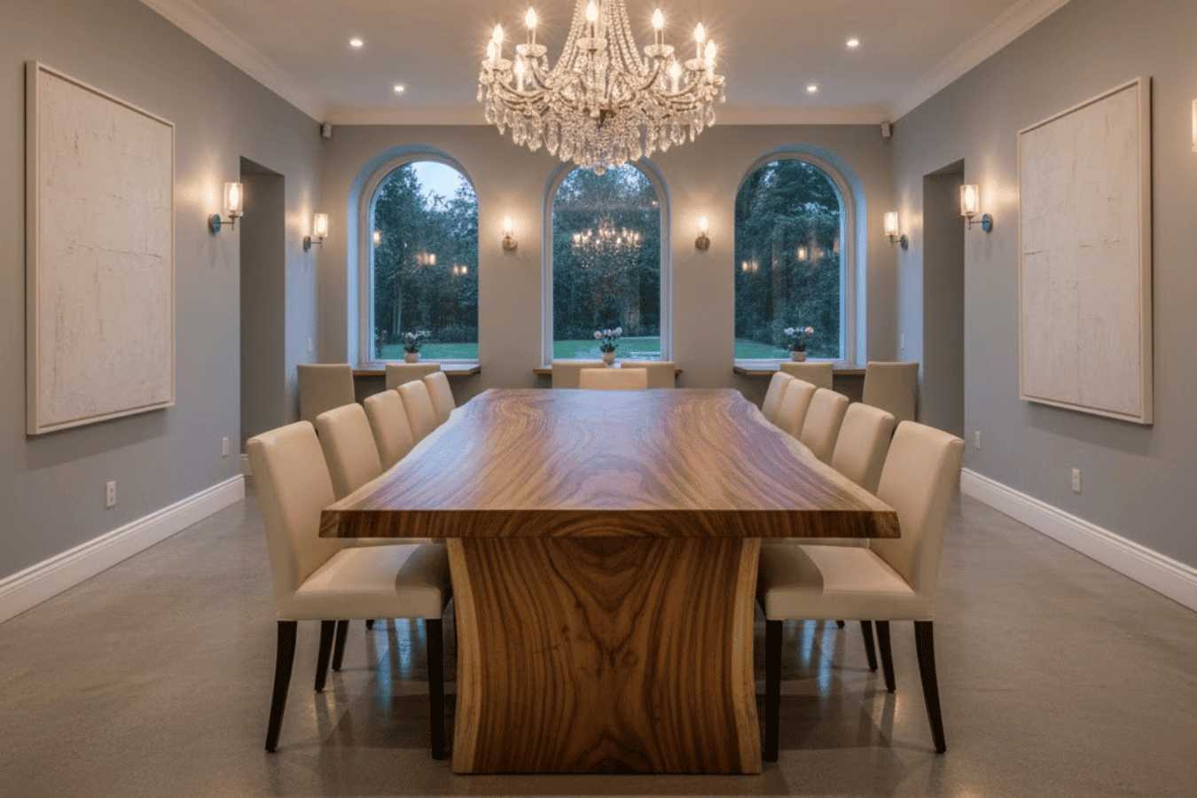 Modern dining room with a live-edge wooden table, cream chairs, crystal chandelier, arched windows, and soft ambient lighting