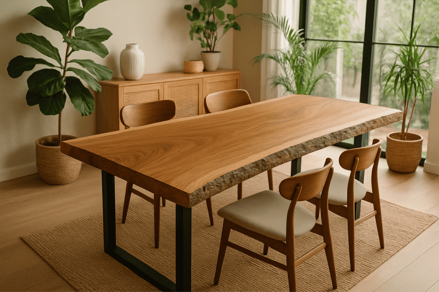 Wooden dining table with natural edges and four chairs in a modern, plant-filled room with large windows