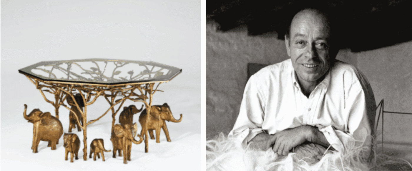 A decorative glass-top table supported by golden elephant-shaped legs. Right: Black and white photo of a smiling man in a white shirt, leaning forward with his arms resting on a surface