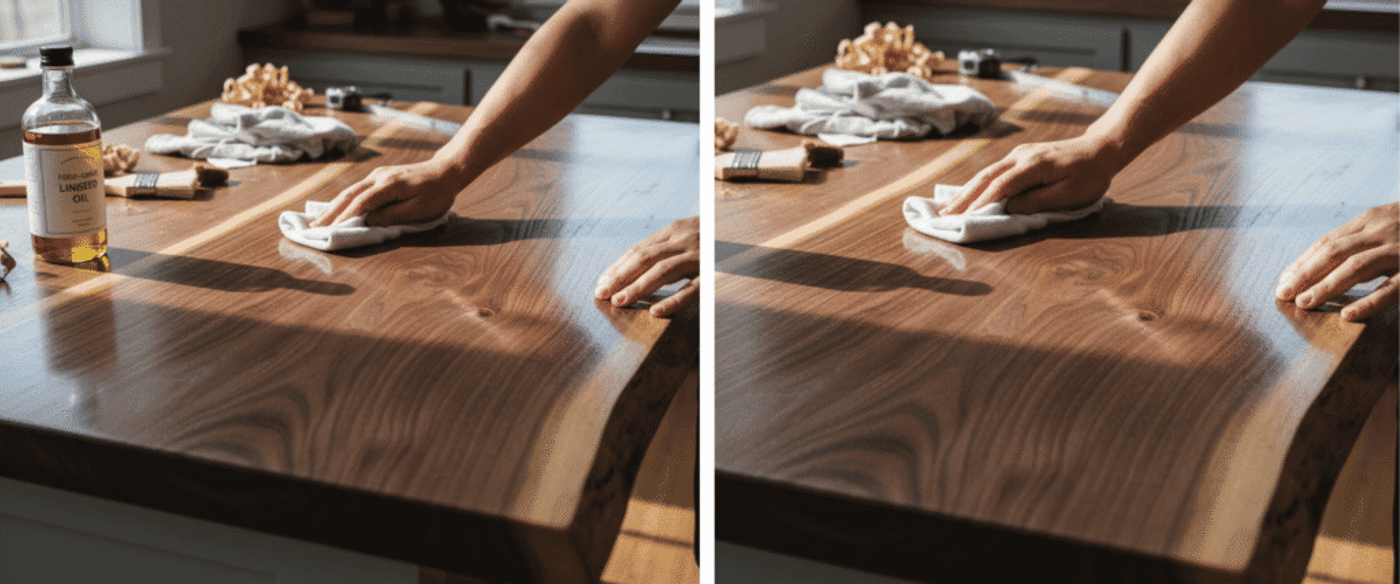 Person polishing a smooth live-edge walnut countertop with a cloth, bottle of linseed oil and brushes on the side, sunlight.
