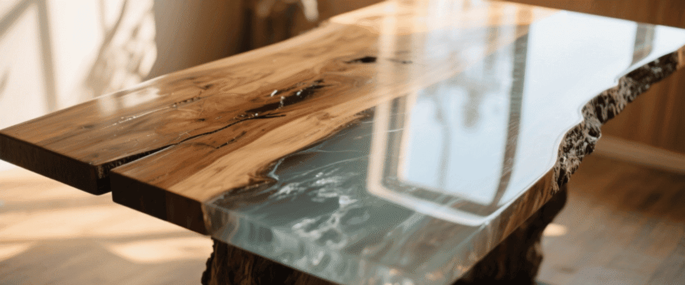 Live edge wood table with resin river design, blending natural wood grain and clear epoxy for a modern, rustic look.