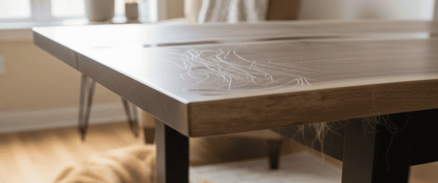 Golden retriever resting under a wooden table with scratched tabletop and chewed table leg in a bright, cozy living room