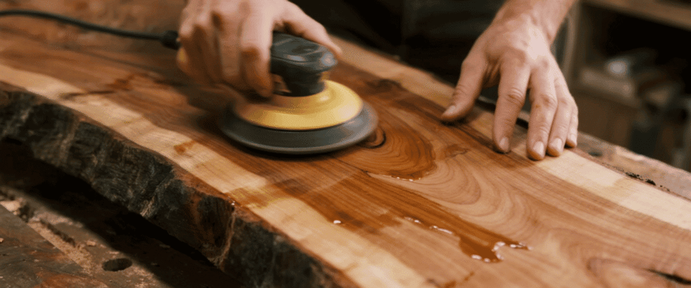 Person sanding and polishing a live-edge wooden slab with an electric orbital sander, bringing out rich grain and natural color.