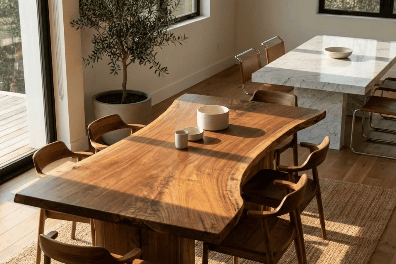 Sunlit dining room with a live-edge wooden table, wooden chairs, marble table in background, and potted olive tree