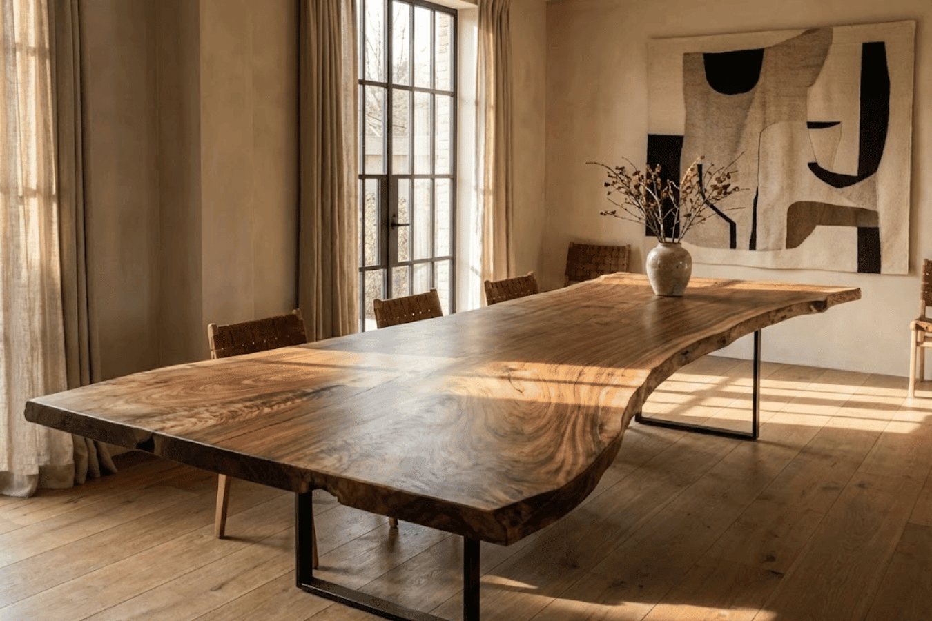 Sunlit dining room with a large live-edge wooden table, woven chairs, floor-to-ceiling windows, and abstract wall art