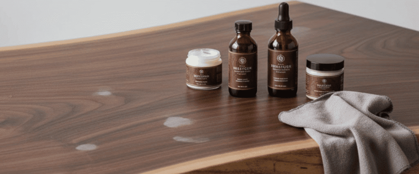Wooden table being treated: four wood-care bottles and jars with a cloth, showing finish restoration and polishing supplies