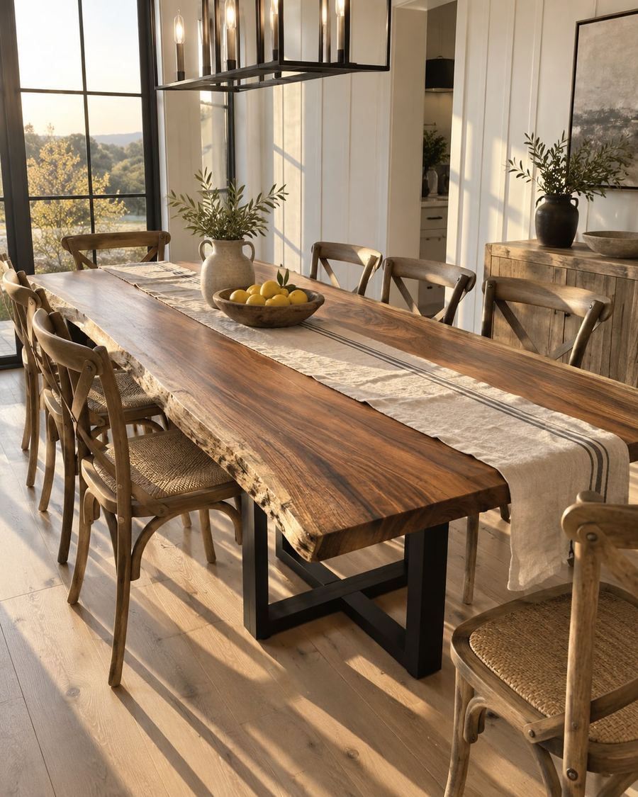 Rendering of the Natalia Septima slab as a dining table with Pedestal Legs in a modern farmhouse home