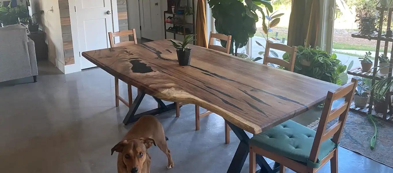 Live-edge-dining-table-with-black-resin-inlays-surrounded-by-chairs-in-a-sunlit-room-a-brown-dog-stands-nearby