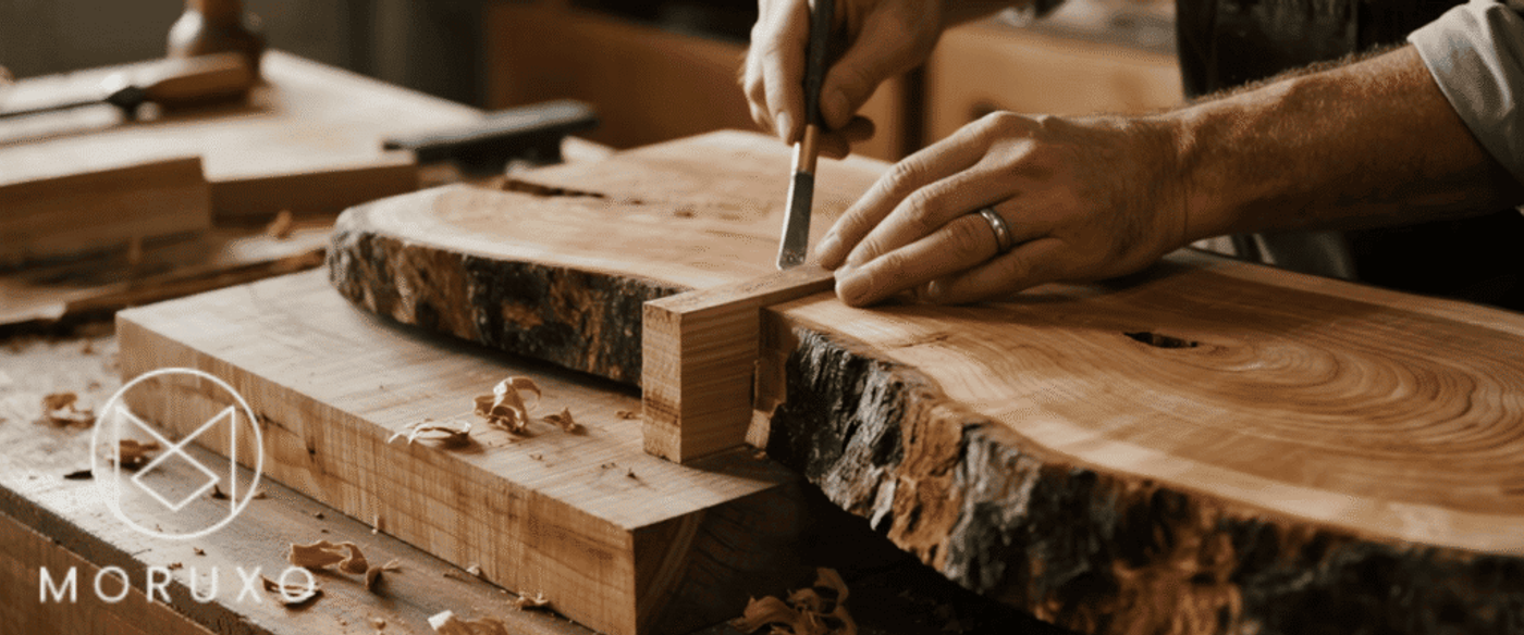 Carpenter chisels smooth edge of a live-edge wood slab on bench, wood shavings scattered, hands guiding precise carving.