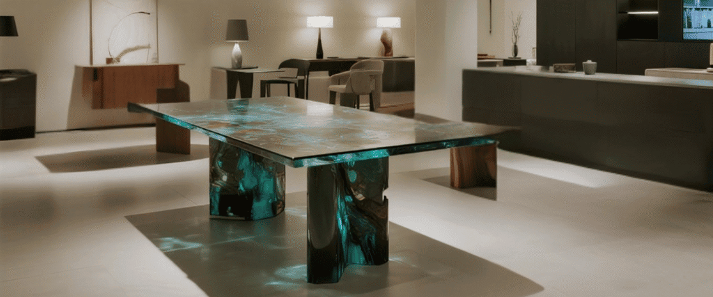 Modern glass table with teal marble-like legs in a minimalist room with soft lighting and neutral decor.