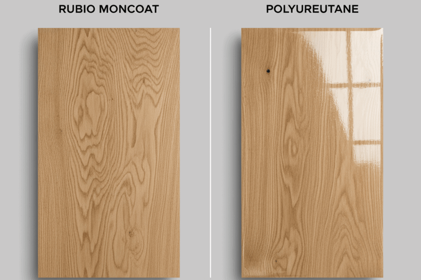 Left: matte Rubio Monocoat oak plank; right: glossy polyurethane oak plank with reflection