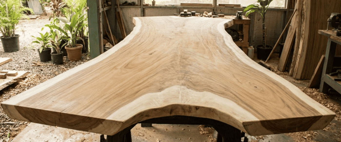 Live-edge slab of polished wood on sawhorses inside a sunlit workshop with potted plants and woodworking tools