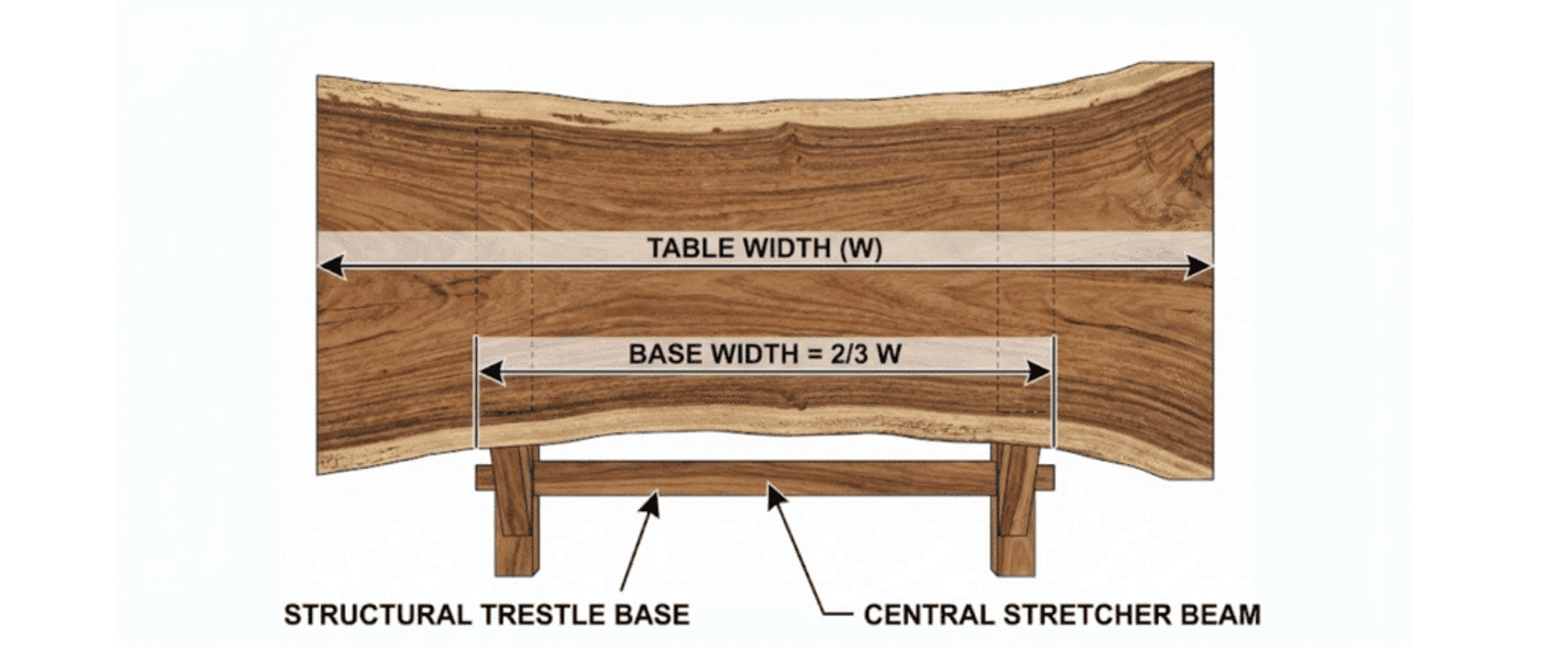 Live-edge wooden table top with measurements: full table width labeled (W), base width = 2/3 W, structural trestle base and central stretcher beam shown