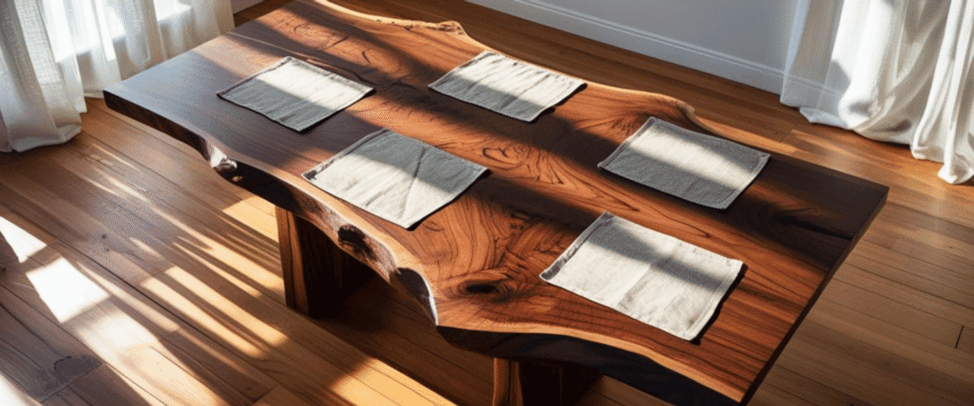 A wooden dining table with natural edges, set with five beige placemats, placed in a sunlit room with hardwood floors and white curtains.