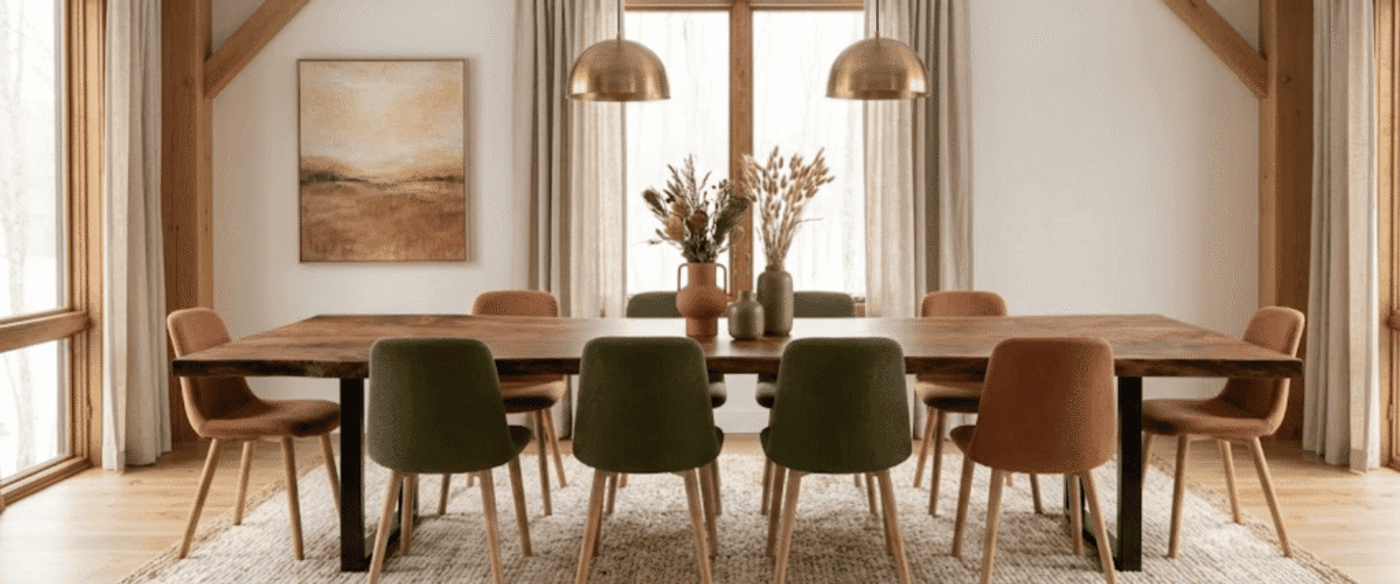 Warm, modern dining room with long wood table, mixed green and rust upholstered chairs, pendant lights, dried florals, large windows