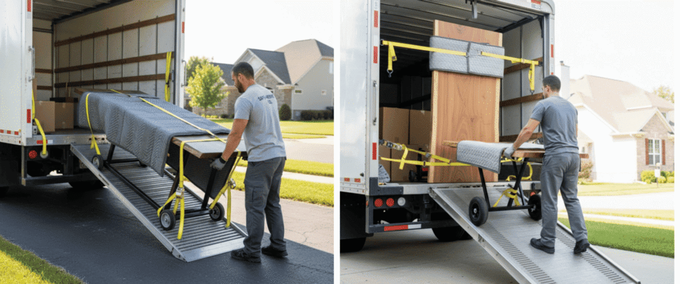 Mover loading a large wrapped table onto a moving truck using a wheeled dolly and safety straps on a driveway in a suburb
