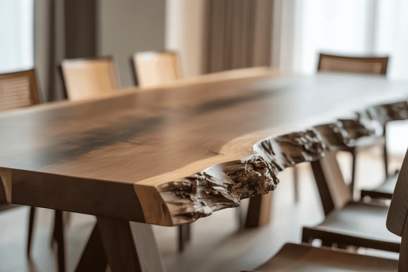 A close-up of a wooden dining table with a natural live edge design, surrounded by chairs in a modern, well-lit room.