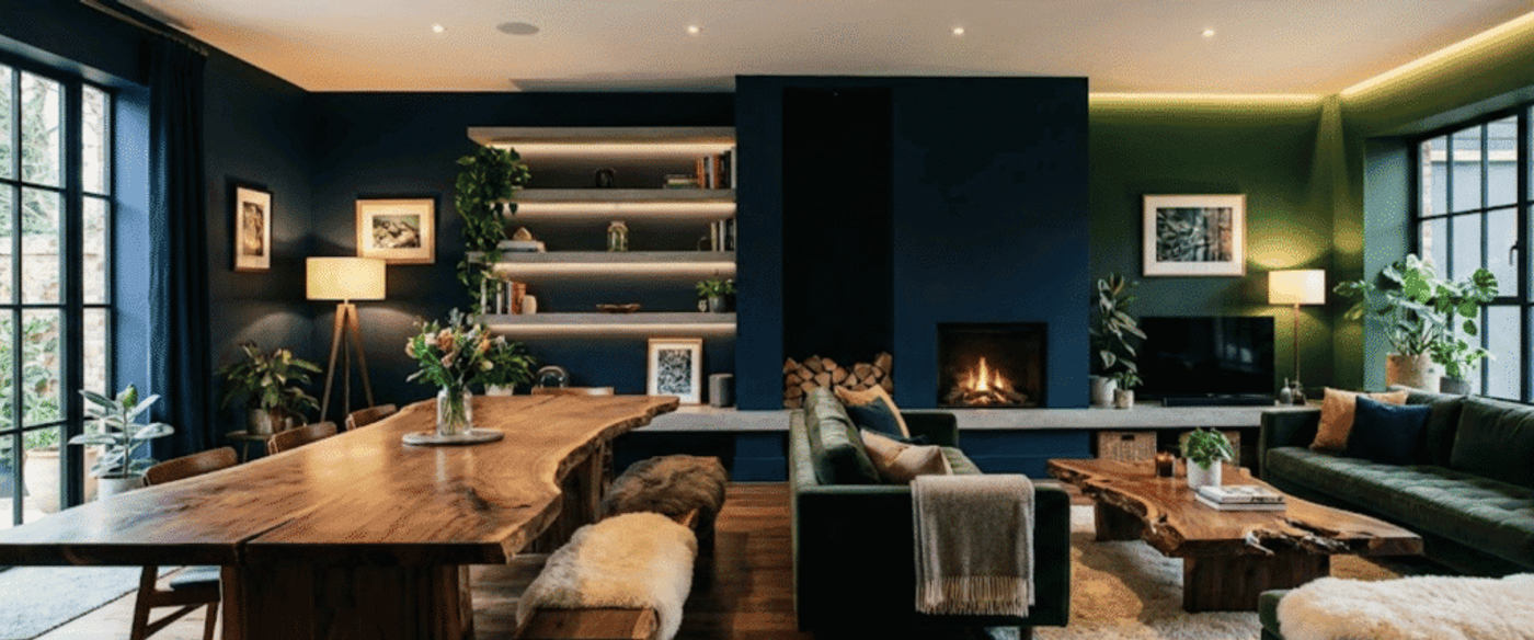 Warm, stylish living-dining room with a live-edge wood table, green sofas, fireplace, plants, and large windows