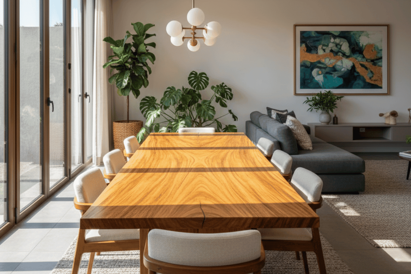 Cozy modern dining room with large wood table, sunlight from floor-to-ceiling windows