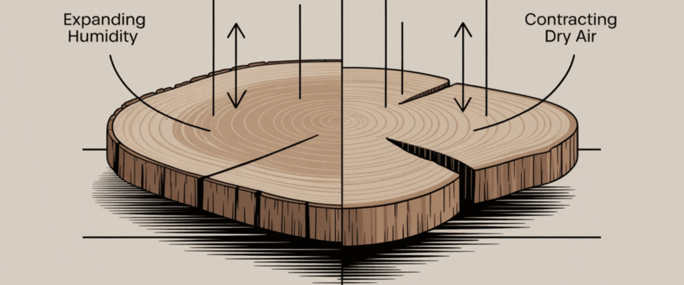 Wood cross-section showing wood rings and radial cracks with arrows indicating expanding humidity