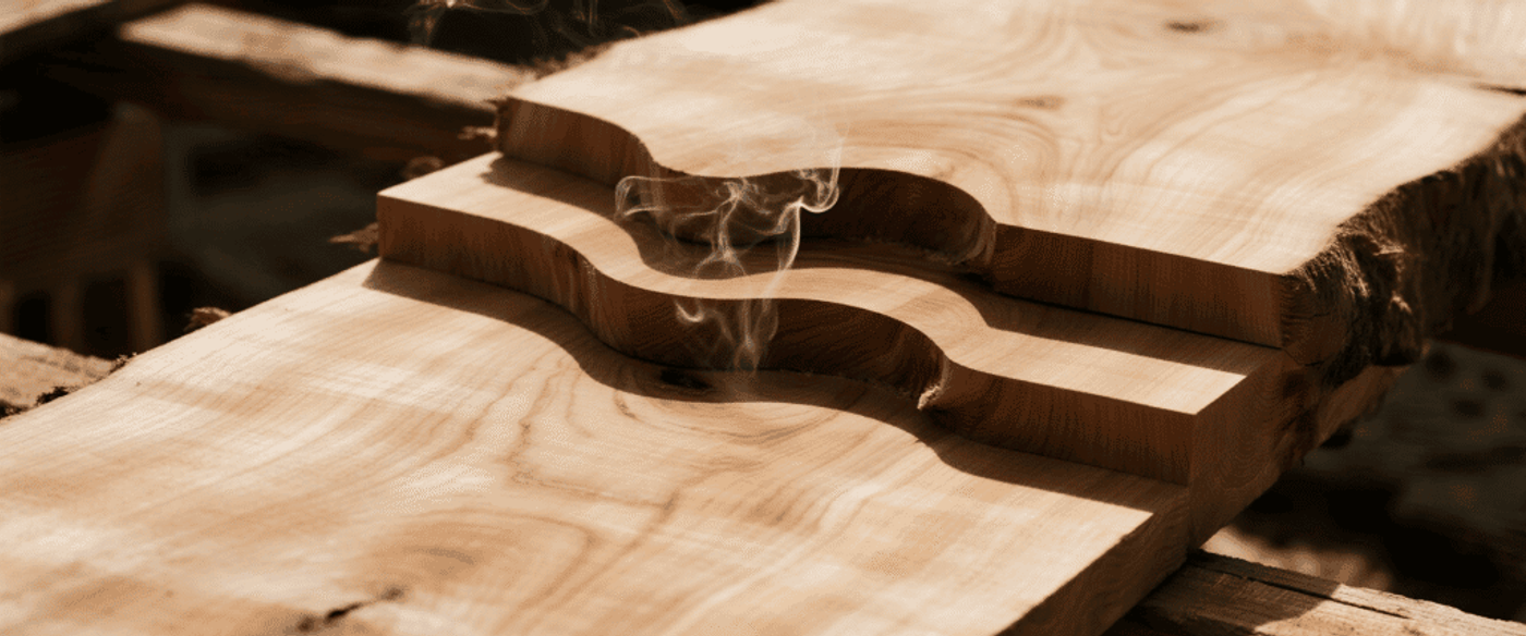 A close-up of a fresh-cut teak slab with a subtle visual of aromatic waves rising,