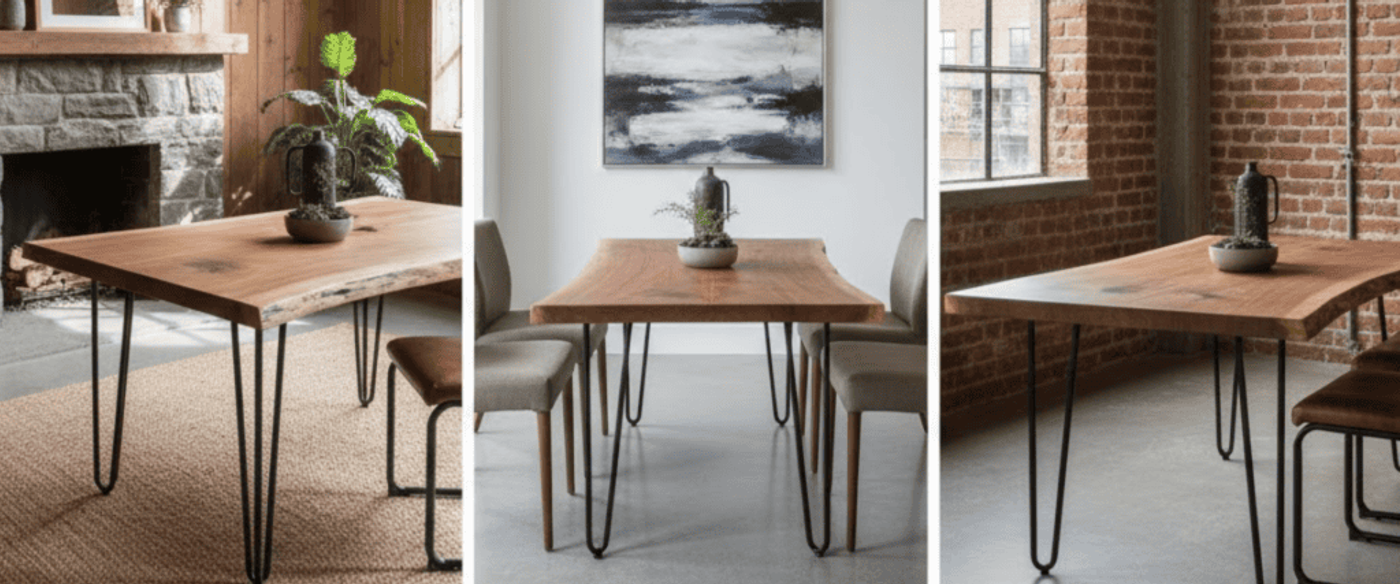 Three dining-room scenes with live-edge wooden tables, hairpin legs, neutral chairs and simple decor across rustic, modern, and industrial interiors