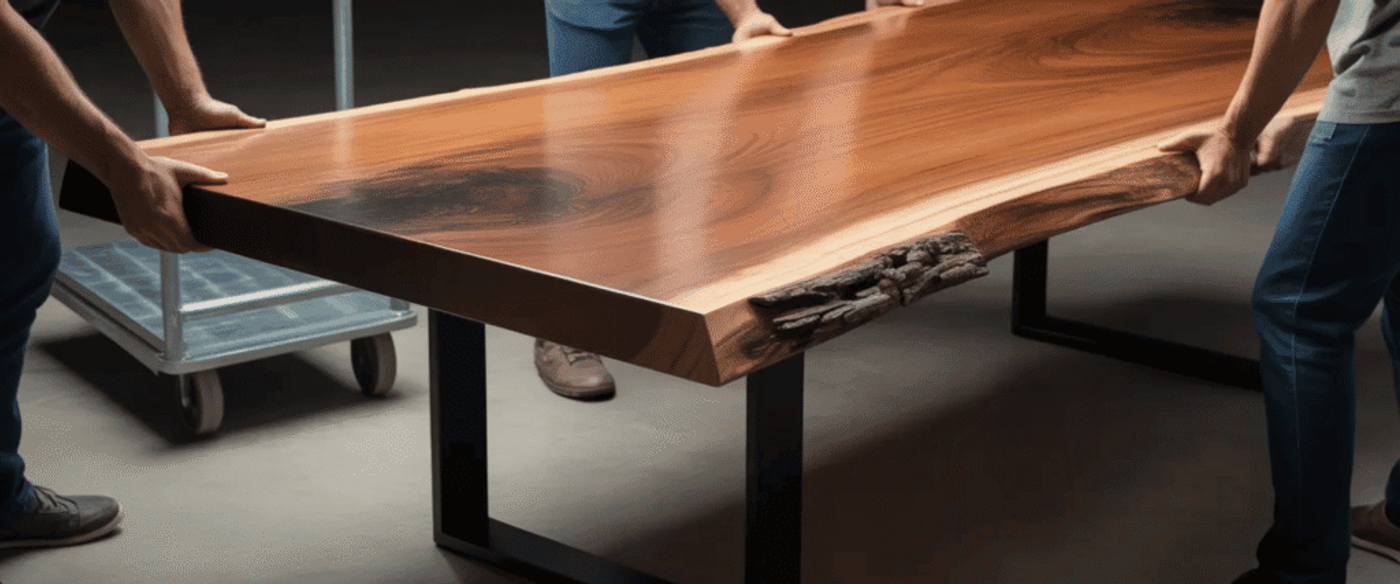 Three people lift a polished live-edge walnut table with black metal legs in a workshop, showing wood grain and bark.