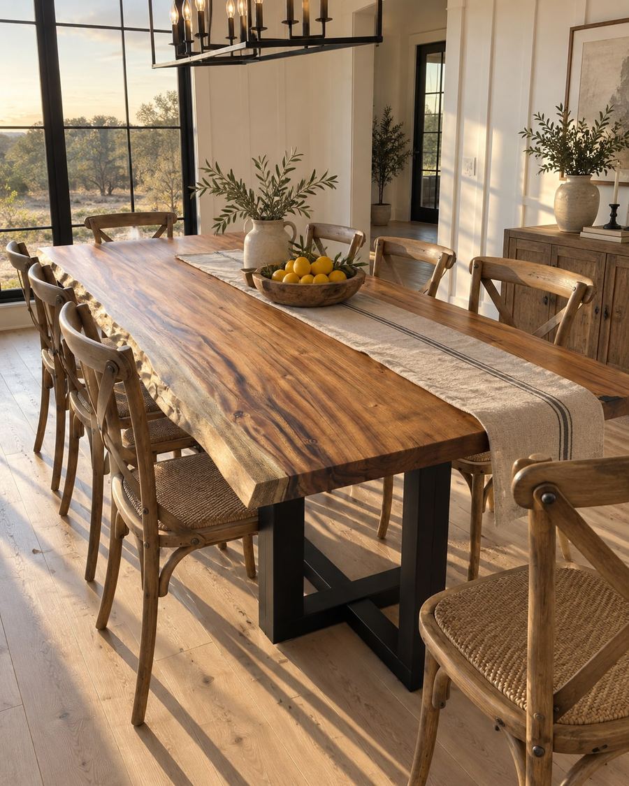 Rendering of the Delia Octavia slab as a dining table with Pedestal Legs in a modern farmhouse home