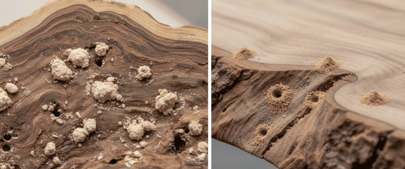 Wooden surface with swirling grain and small beige crumb-like clusters and scattered holes, close-up texture shot, soft lighting.