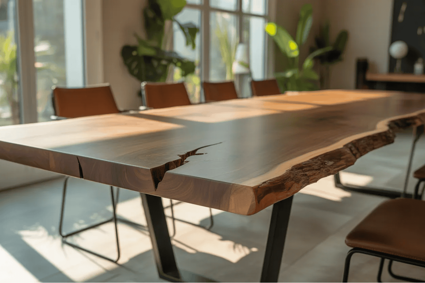 Natural edge wood table with live cracks and smooth finish, paired with modern chairs in a sunlit room.