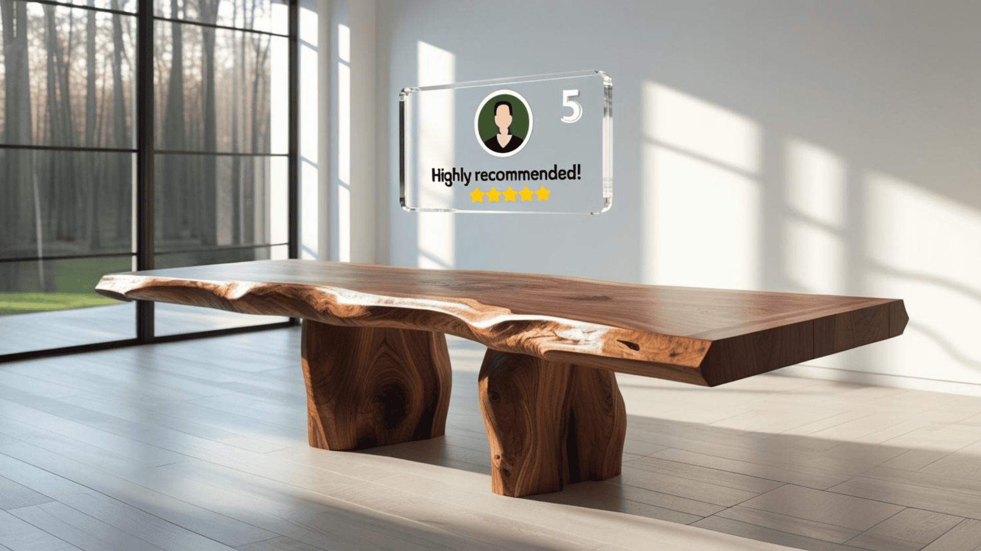 Natural wood table with live edge design, highly rated 5 stars, perfect for modern interiors.