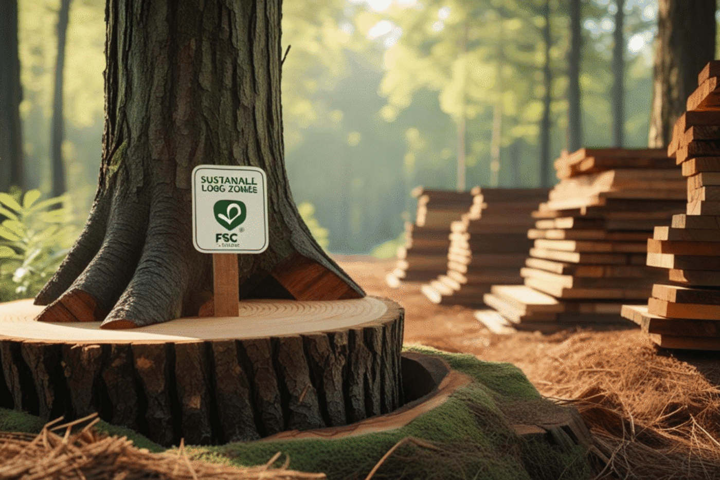 Tree stump with FSC sustainable wood zone sign in sunlit forest, stacked lumber in background, moss and pine needles on ground