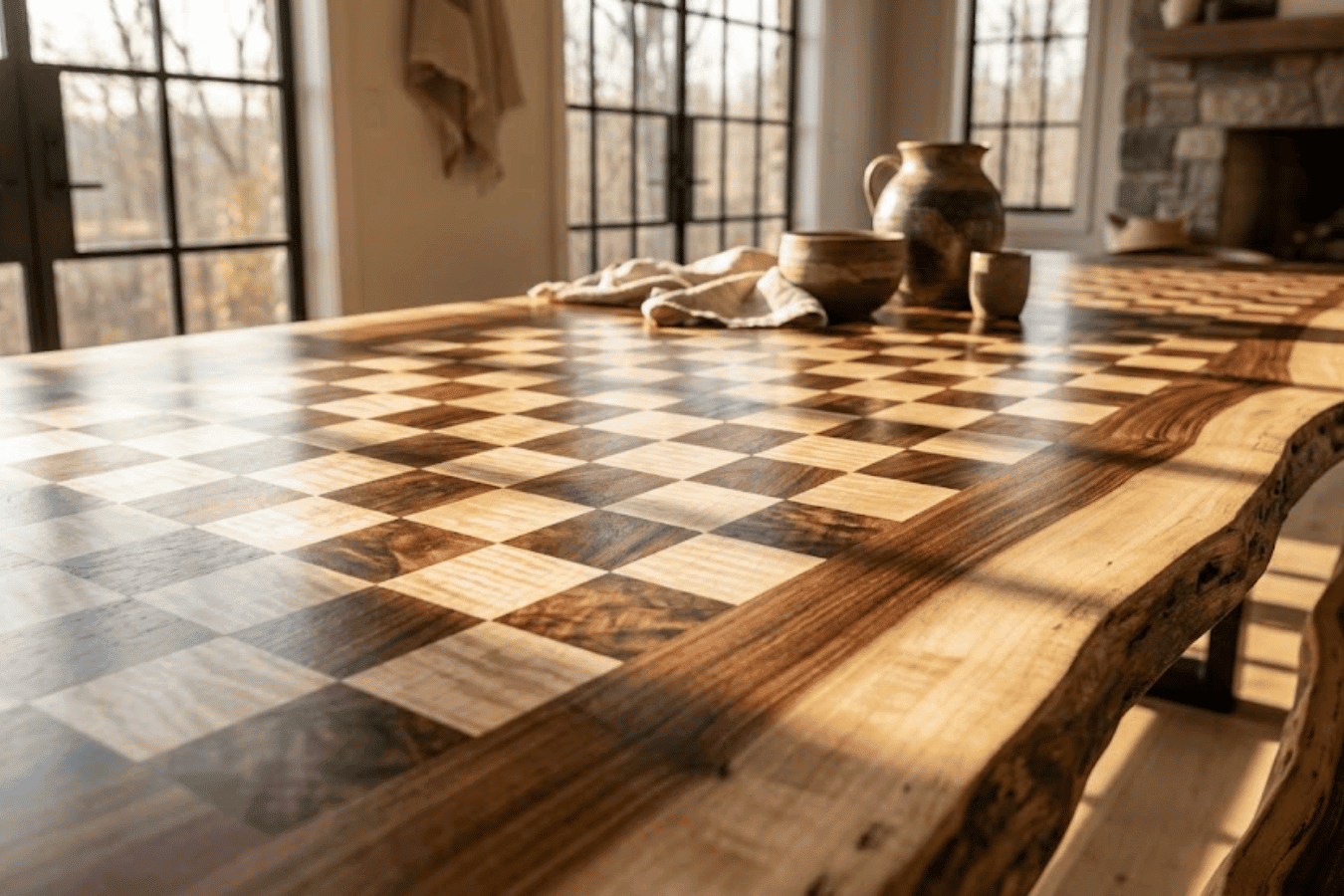 Handmade live-edge wooden table with a checkerboard inlay, warm sunlight, pottery and windows in a cozy living room setting