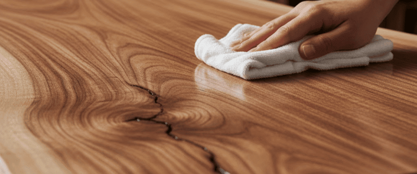 Hand wiping a polished live-edge walnut tabletop with a white cloth, highlighting wood grain and a filled natural crack