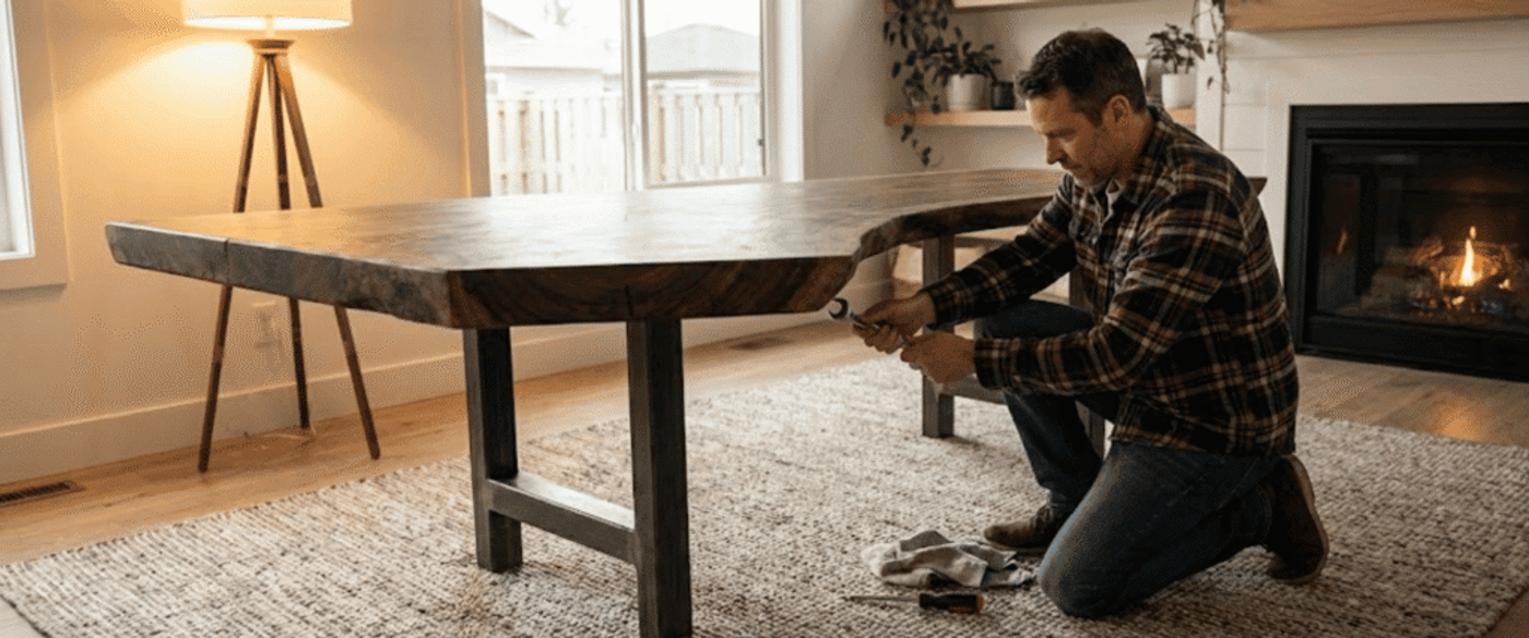 Man kneeling beside a large wooden dining table, tightening a leg with a tool in a cozy, well-lit living room