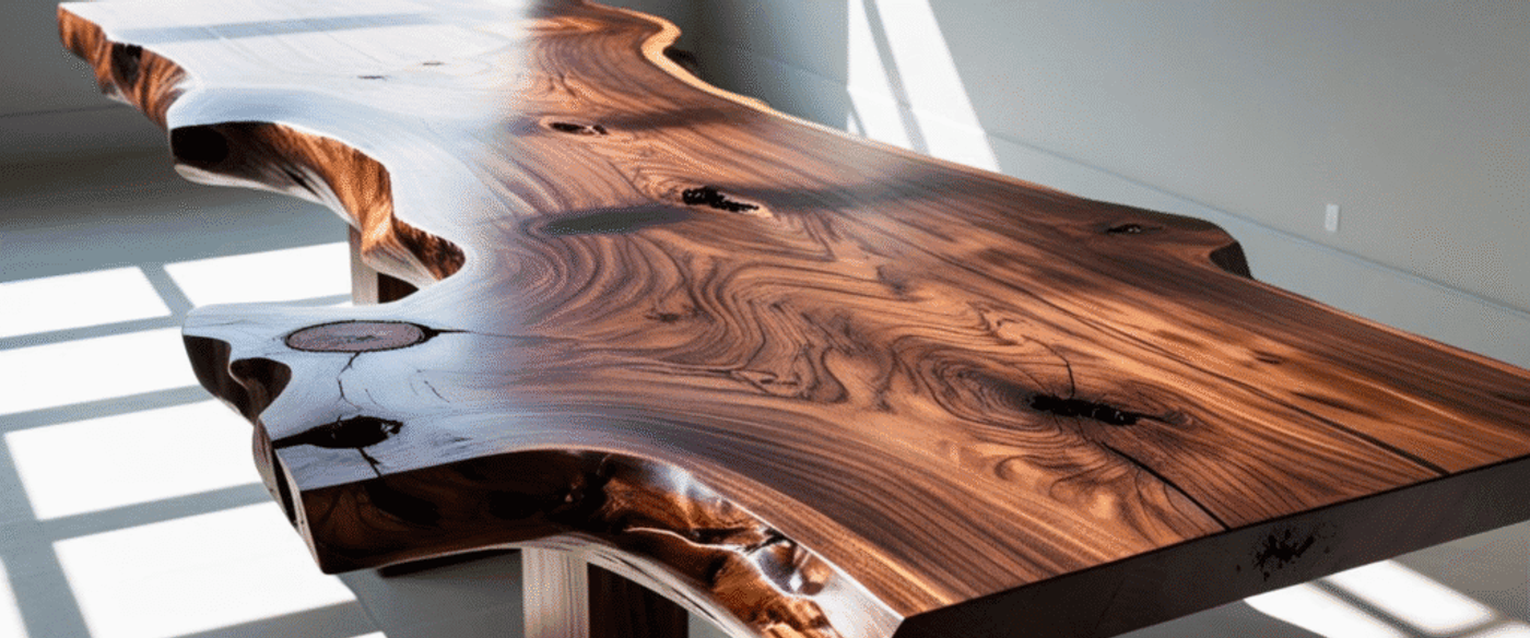 Live edge wooden table with natural grain patterns and organic shape, polished finish, placed in a bright modern room.
