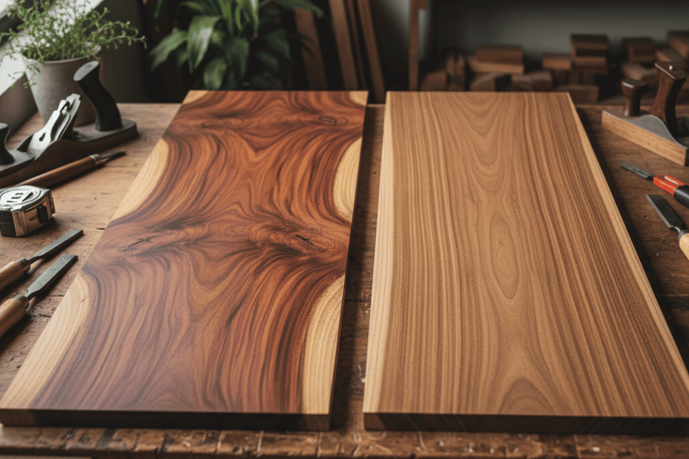Guanacaste wood boards side by side — one with bold cathedral grain (arching, flame-like patterns) and one with clean straight grain