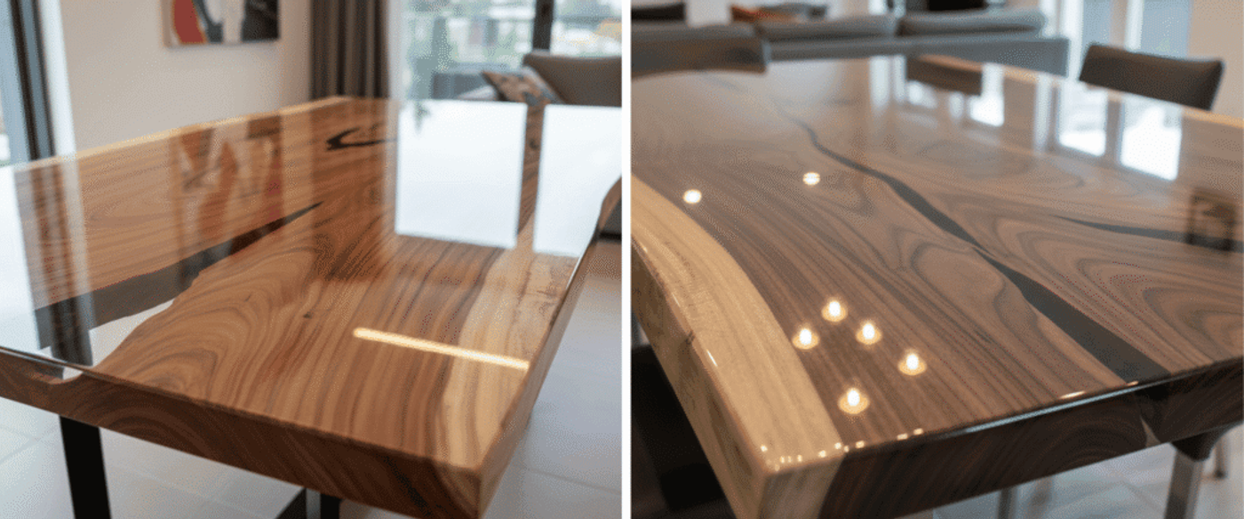 Polished live-edge walnut dining table with epoxy river inlay, modern black metal legs, sunlight reflecting off glossy finish.