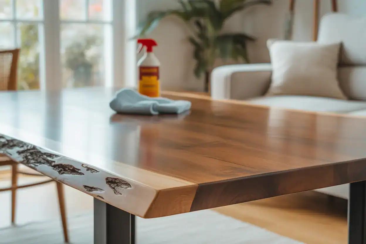 Clean wooden table with spray bottle and cloth, bright living room background.