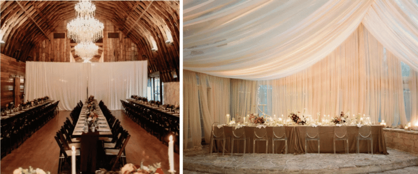 Wedding reception with barrel-vaulted wood ceiling, crystal chandeliers, and long tables with black chairs