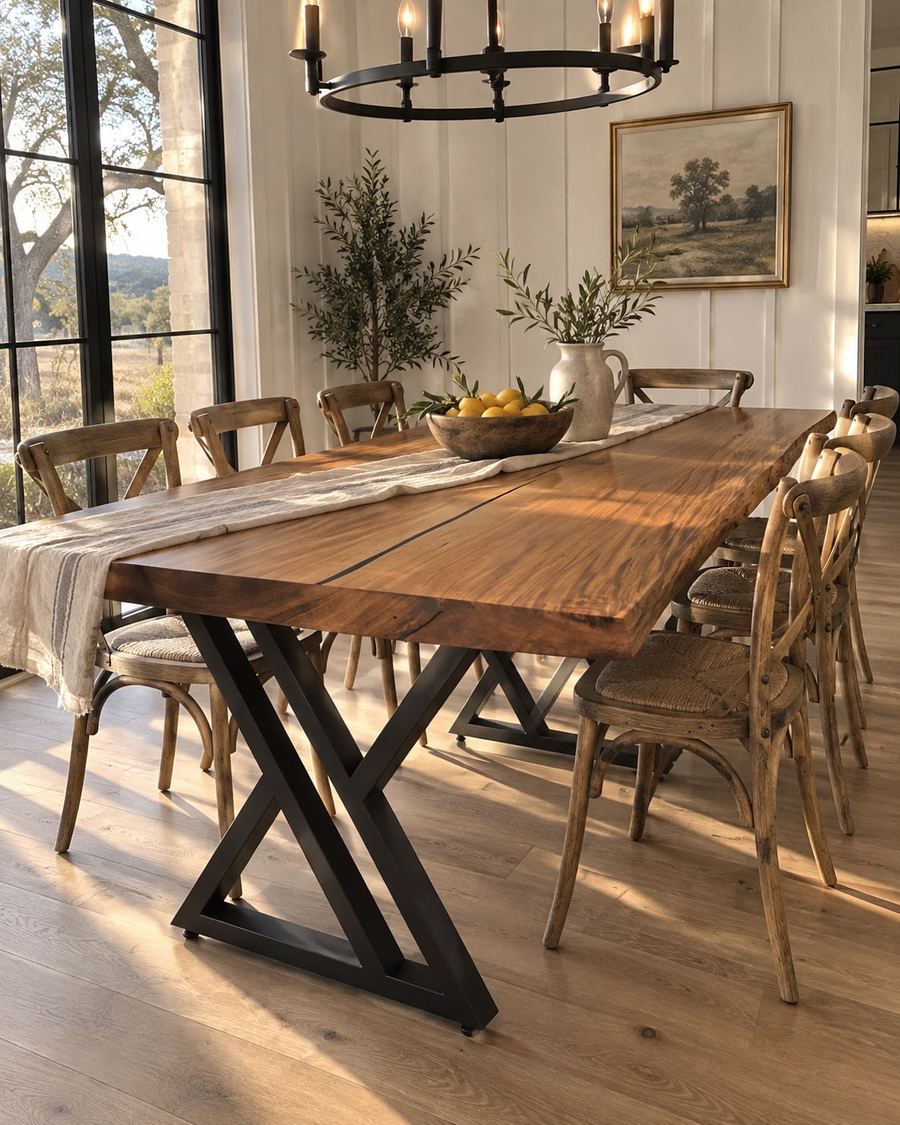Rendering of the Helena Octavia slab as a dining table with Double Y Legs in a modern farmhouse home