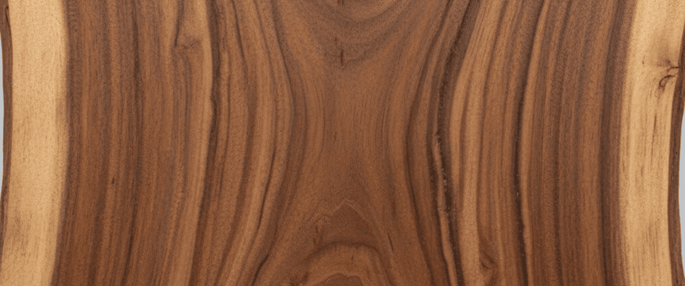 Polished guanasacte wood slab with rich brown grain, flowing concentric rings and natural knots, smooth live edges on both sides
