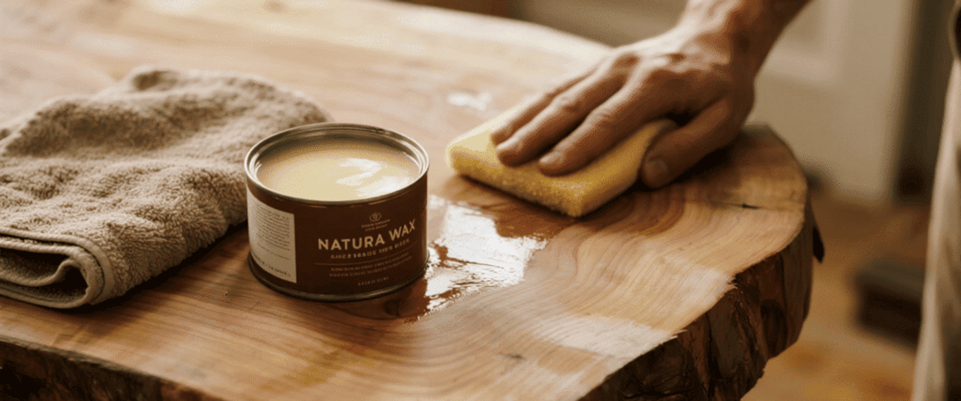Hand applying natural wood wax with a sponge to a live-edge wooden slab beside a cloth and an open Natura Wax tin.