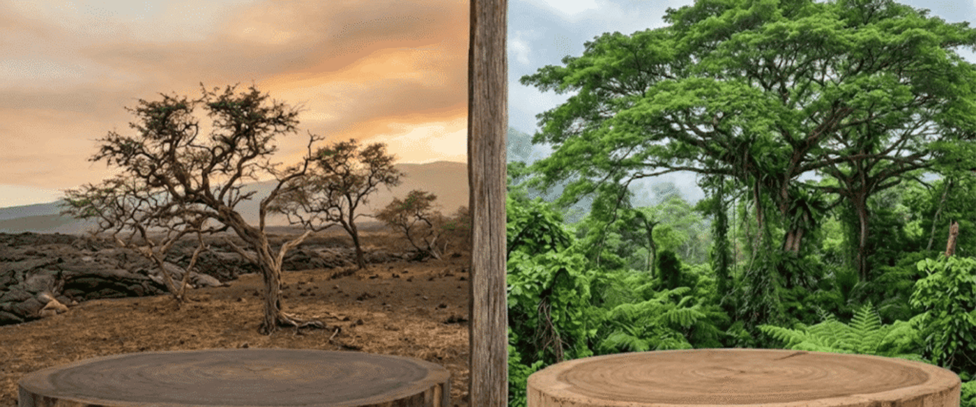 Left: arid landscape with twisted trees at sunset; Right: lush green rainforest with large trees; two wooden pedestals foreground