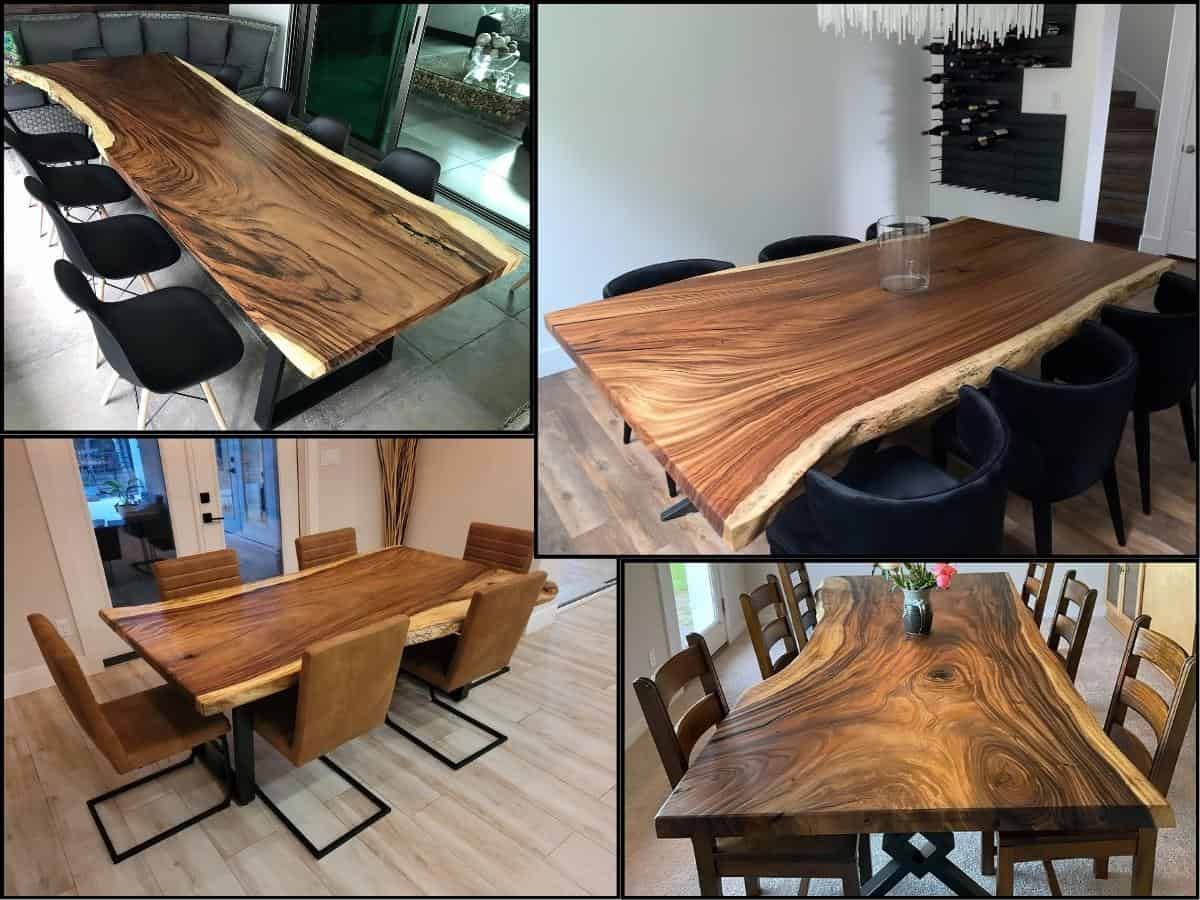 A beautifully crafted live edge dining table made from a single slab of wood, showcasing the natural contours and grain patterns of the wood, supported by sturdy metal legs.