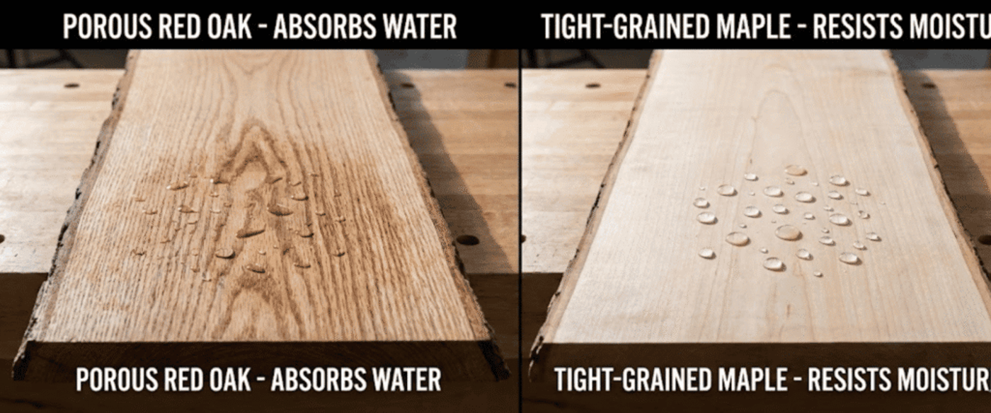 Porous red oak plank showing absorbed water on left; tight‑grained maple plank on right with water beading on surface