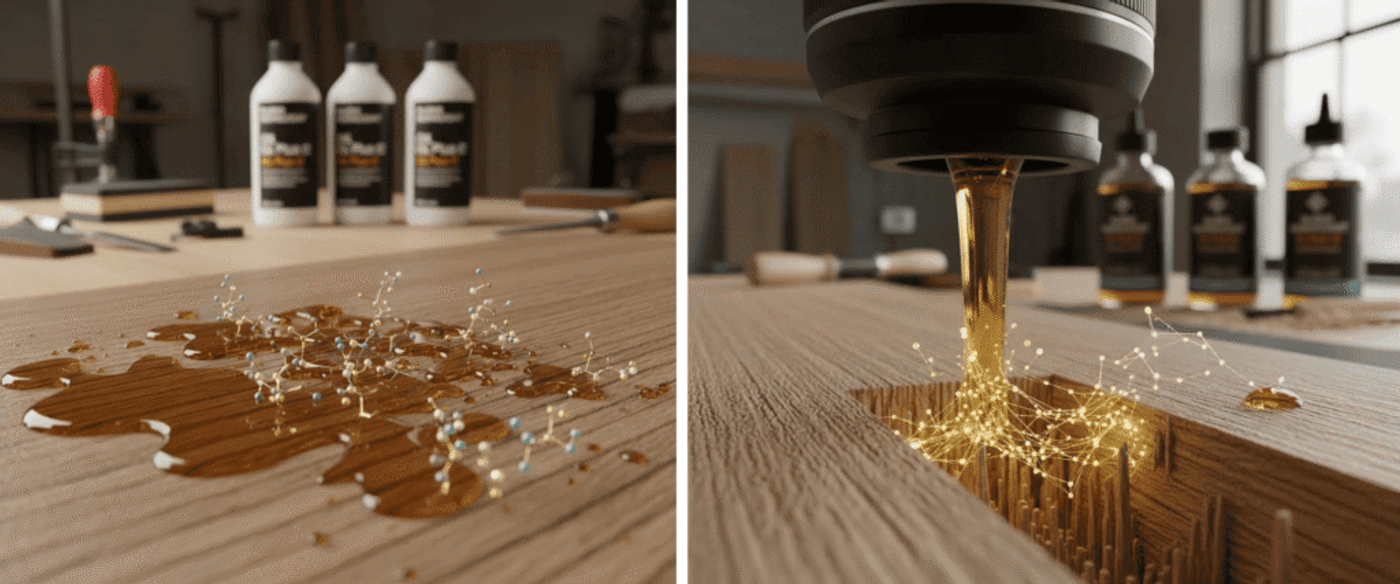 wood fibers absorbing plant-based hardwax oil. Visual emphasis on molecular bonding, showing oil penetrating the wood